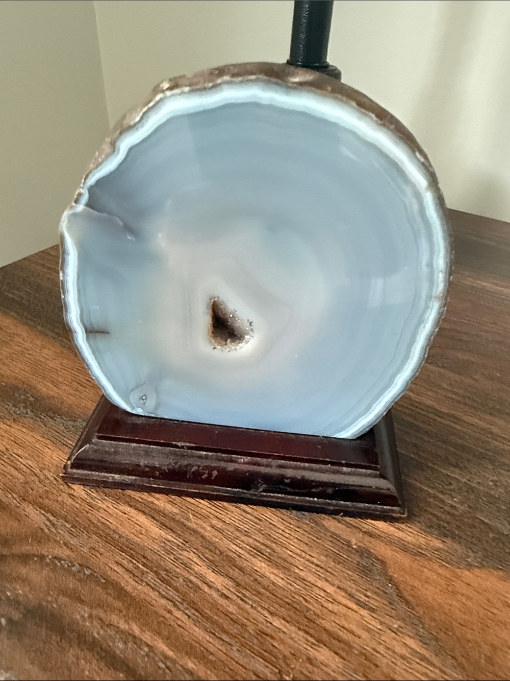 Natural Blue Banded Agate Slice on Wood Display Stand Druzy Crystal Decor